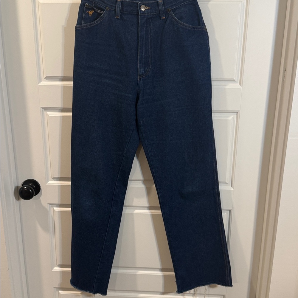 1970s Wrangler Vintage High-Waist Wide Leg Leather Patch jeans frayed bottoms 12 - Picture 7 of 8
